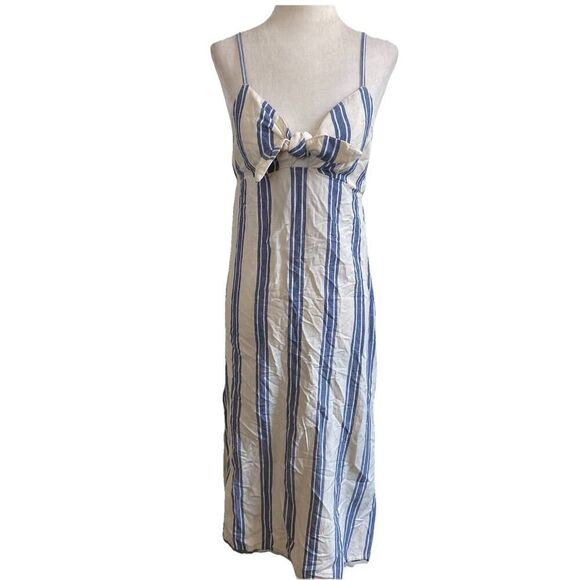 Roxy Sweetest Step Linen Blend Striped Midi Dress Blue Cream Size Medium - Picture 2 of 13